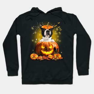 Black Boston Terrier Spooky Halloween Pumpkin Dog Head Hoodie